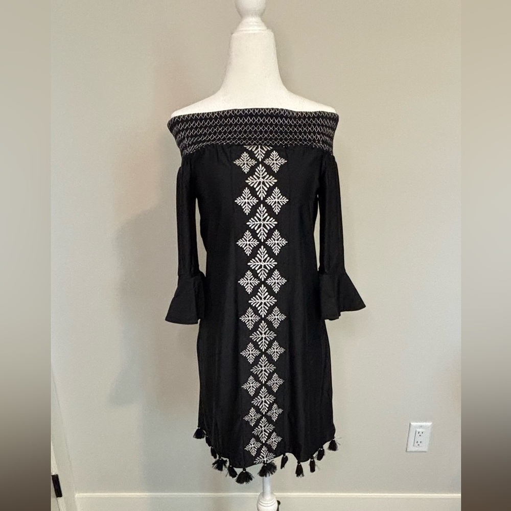 Cabana Life Black and White Off-Shoulder Bell Sleeve Cocktail Dress